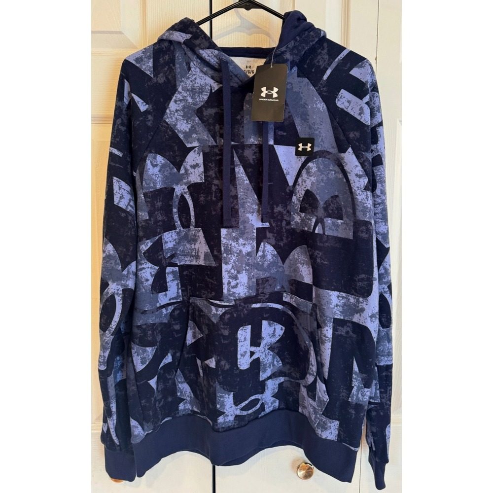 NEW UA Under Armour‎ Rival Fleece Macro Branded Blue Hoodie Men's Size Large